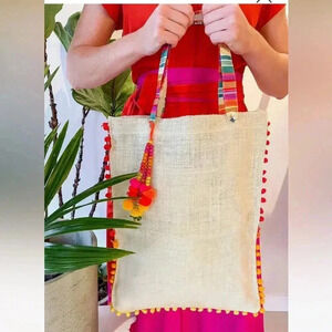 NWT Rungolee Women's Pom Pom Bag Pink Multi Canvas Tote Bag